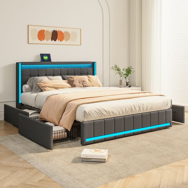 Double bed linen fabric, 160 * 200cm dark gray, bed flaps, headboard and footboard with LED lights, 4 iron drawers, headboard with USB charging port