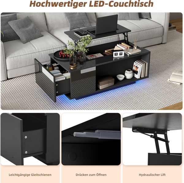 Couchtisch 100×50×40 cm, Schwarz, mit seitlicher Schublade, verstecktem Stauraum, halboffener Ablagefläche Bild 8