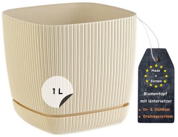 Engelland Blumentopf Pflanztopf mit Drainagesystem & Untersetzer (12 x 12 cm, 1 Liter, 1 St, robuster PP-Kunststoff), eckig, Rillenoptik, UV-resistent, direkte Bepflanzung