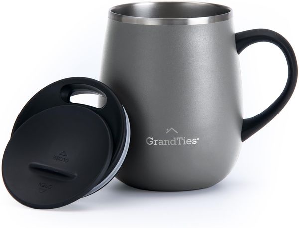Grandties Thermo Kaffeebecher mit Griff - Schiebedeckel für Spritzschutz 480 ml - Steingrau, L, Grau