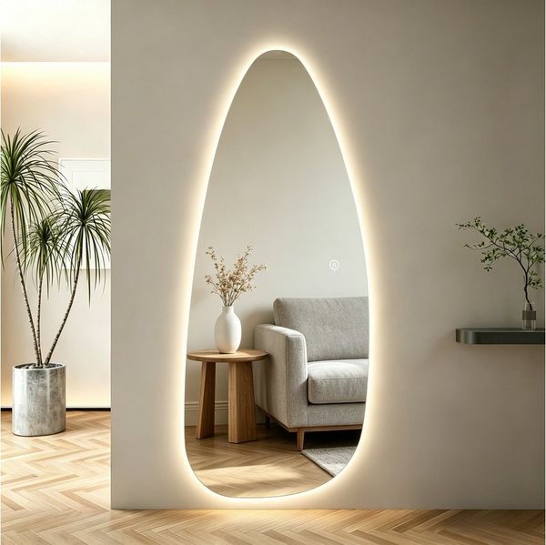 WDWRITTI Ganzkörperspiegel Rahmenlos Dekospiegel Wandspiegel asymmetrisch (Flurspiegel mit 3Lichtmodi, dimmbar, Speicherfunktion, 145x60 cm), mit Netzstecker