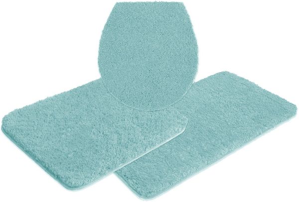OTTO home Badematte Inga, Badezimmer Teppich, Badvorleger, Höhe 20 mm, rutschhemmend beschichtet, fußbodenheizungsgeeignet, schnell trocknend, strapazierfähig, Polyester, rechteckig, 3tlg Set Hänge WC, Badteppich, unifarben, weich, als halbrund und rec...