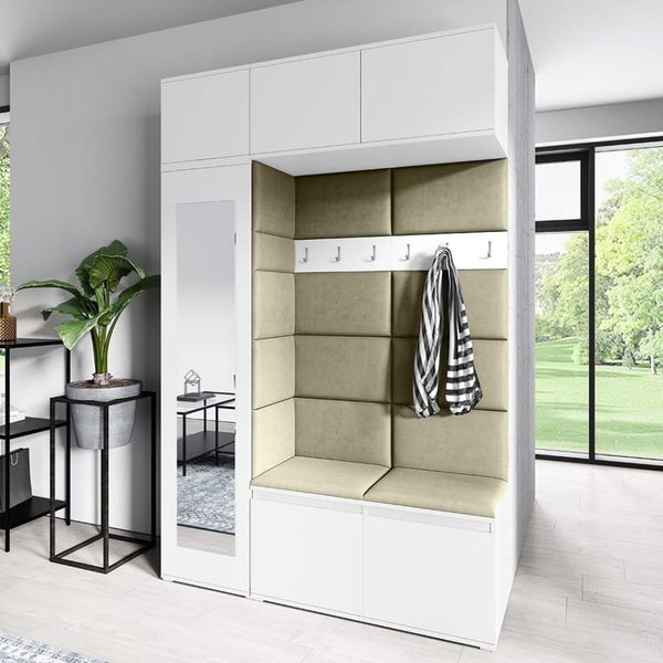 Garderoben-Set MIKA Kleiderschrank mit Polsterplatten, Schuhschrank Schrankaufsatz und Hängeschrank Ideal für Flur & Eingangsbereich (Weiß Trinity 27), 225 x 40 x 145 cm
