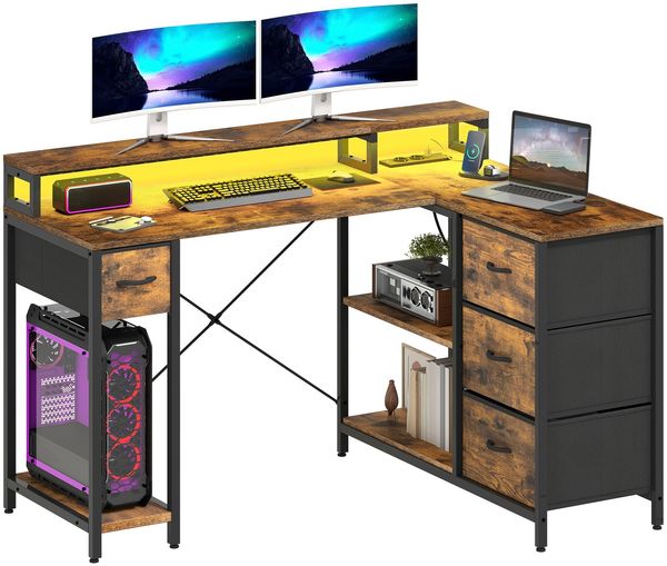 DWVO Schreibtisch L Form, 140 x 100 x 85 cm Eckschreibtisch Reversibel mit 4 Schubladen&Monitorablage, Tisch L Form mit 2 USB-Ladeanschluss&2 Steckdose für Homeoffice, Braun Schwarz Weiß (Braun)