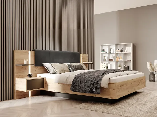 Vente-unique - ELYNIA Bett StoffHolz, Platte GrauBeige - B 210 cm x H 104,4 cm x L 256,4 cm