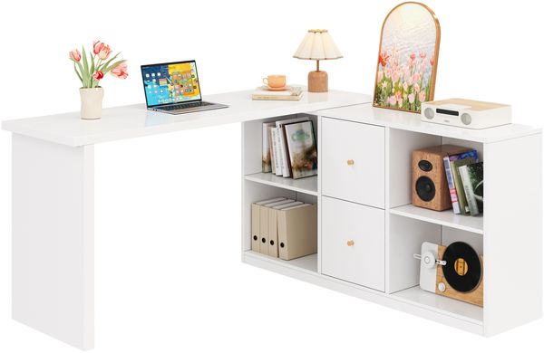 Flieks L-förmiger Eckschreibtisch 120×50×78 cm + 130×35×75 cm, beidseitig montierbar, Computertisch mit 2 Schubladen & offenen Fächern, Weiß