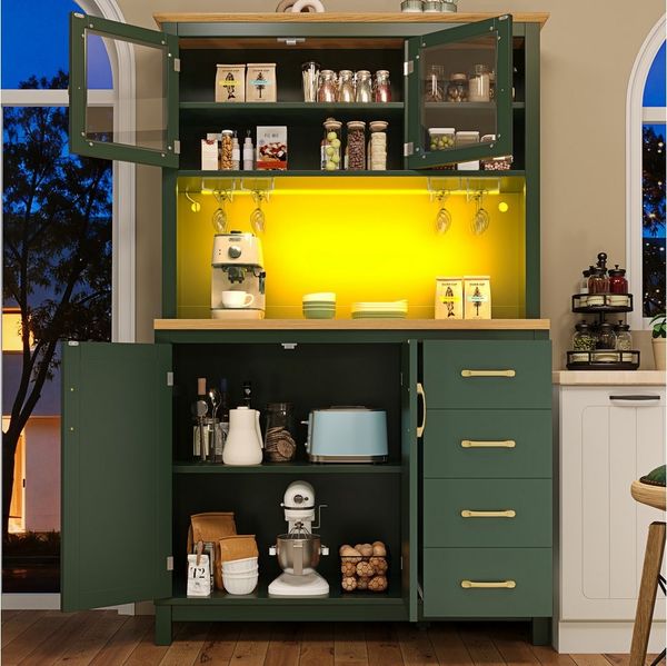 Flieks Küchenbuffet mit Arbeitsplatte in Holzoptik, LED-Beleuchtung, Glastür und Schublade (1-St, B105,5/T40/H180 cm) Hochschrank Küchenschrank Mehrzweckschrank Geschirrschrank Grün