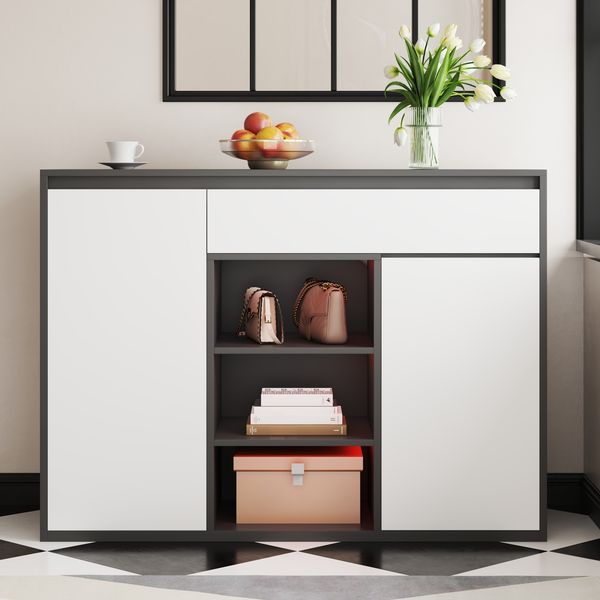 Schuhschrank 105 x 39,5 x 86 cm aus Spanplatte in Schwarz-Weiß mit LED, Glasböden, 2 Türen & Schublade