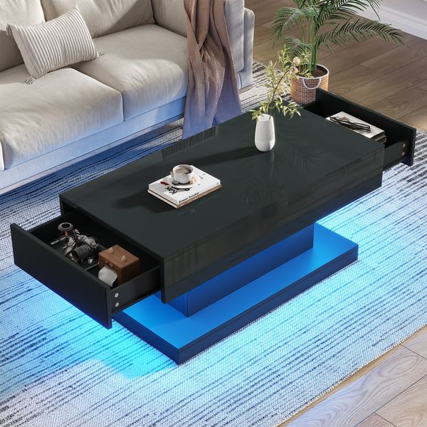 Couchtisch mit 2 Schubladen & LED-Lichtleiste, 100 x 50 x 45 cm, Schwarz
