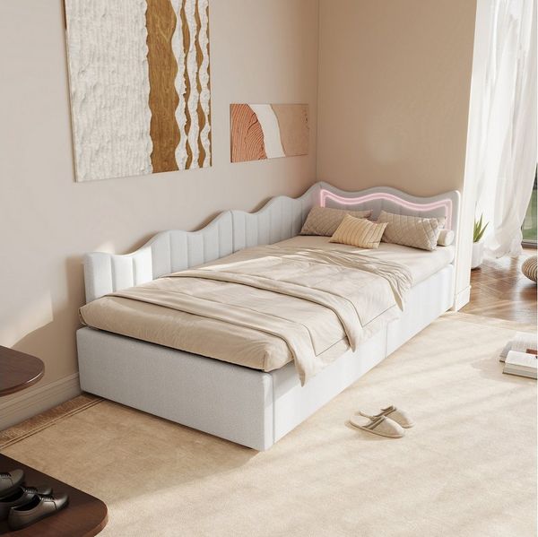 ADWOLT Schlafsofa Polsterbett Kinderbett Stauraumbett mit LED-Beleuchtung, Jugendbett Tagesbett Daybett 90x200cm,Weiß