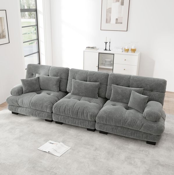 Modulares Ecksofa 81cm×313cm×77cm mit tiefem Sitz – Chenille in Grau, weich gepolstert für Wohnzimmer, Apartment oder Büro