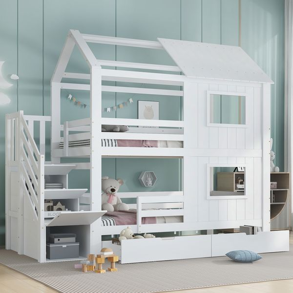 Etagenbett 90×200 cm mit Treppenschrank, Dach und Fenstern, Rausfallschutz, Weiß, ohne Matratze