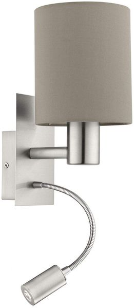 EGLO Wandlampe Bett Pasteri, Textil Wandleuchte Schlafzimmer mit LED Leseleuchte, Leselampe Wandmontage aus Metall in Silber und Stoff in Taupe, E27 Fassung