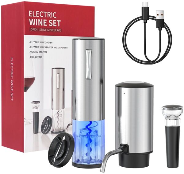 Todeco Elektrischer Weinflaschenöffner Set, 4-in-1 Weinöffner Set mit Wiederaufladbarer Korkenzieher, Automatischer Weinbelüfter, Folienschneider und Vakuum Weinstopfen, Geschenkset für Weinliebhaber