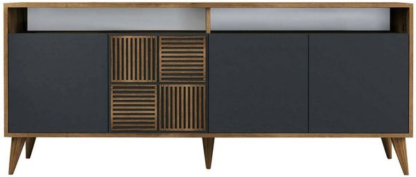 Dmora Konsolentisch Jole, Wohnzimmer-Sideboard, niedriger TV-Schrank, ausgestatteter Wandsockel, 180 x 35 h79 cm, Walnuss und Anthrazit
