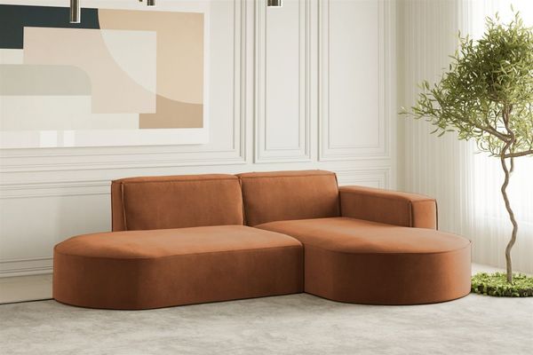 Ecksofa Designersofa PALMA XS in Stoff Noel Ziegelrot Ottomane Rechts
