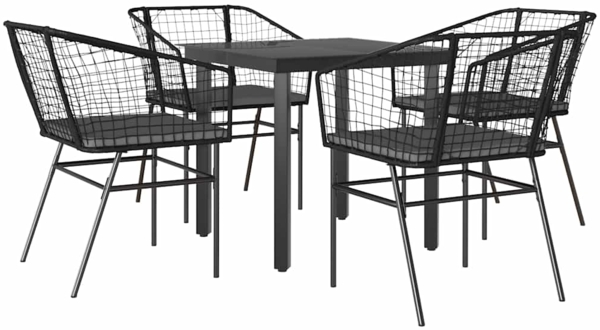 vidaXL 5-tlg. Garten-Essgruppe mit Kissen Schwarz Poly Rattan Glas 3334598