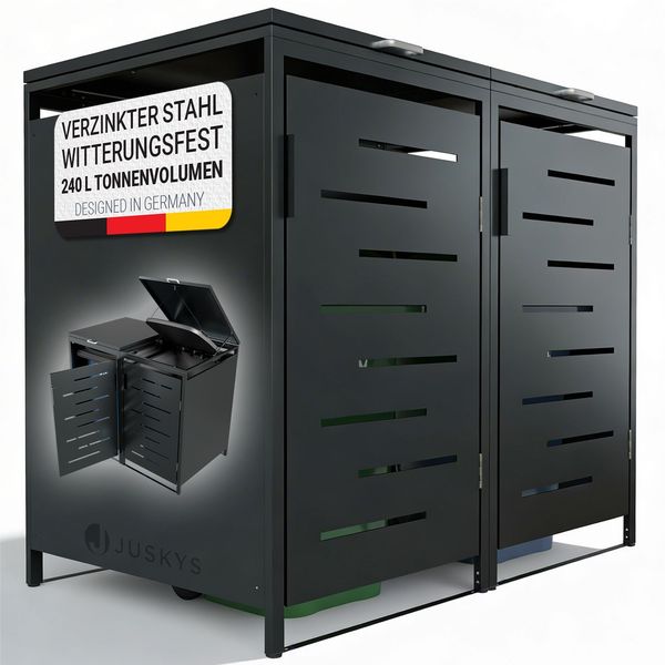 Juskys Mülltonnenbox Arel 2er - Metall Gartenbox für 120l bzw. 240l Mülltonnen - Aufbewahrungsbox - Unterstand mit Dach & Gasdruckfeder - Anthrazit