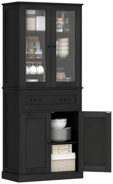 HOMCOM Hochschrank mit verstellbaren Regalboden (Vitrinenschrank, 1-St, Hochschrank) für Küche, Esszimmer, Schwarz