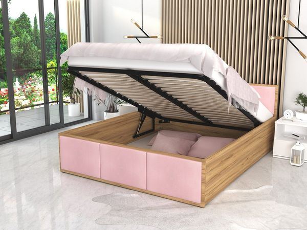 FDM Polsterbett mit Lattenrost Doppelbett 120x200, 140x200, 160x200, 180x200 (MADE IN EU - Bettrahmen mit Bettkasten für viel Stauraum, in Grau,Weiß oder Eiche Braun, ideal für Paare), Metallrahmen mit hydraulischer Klappfunktion