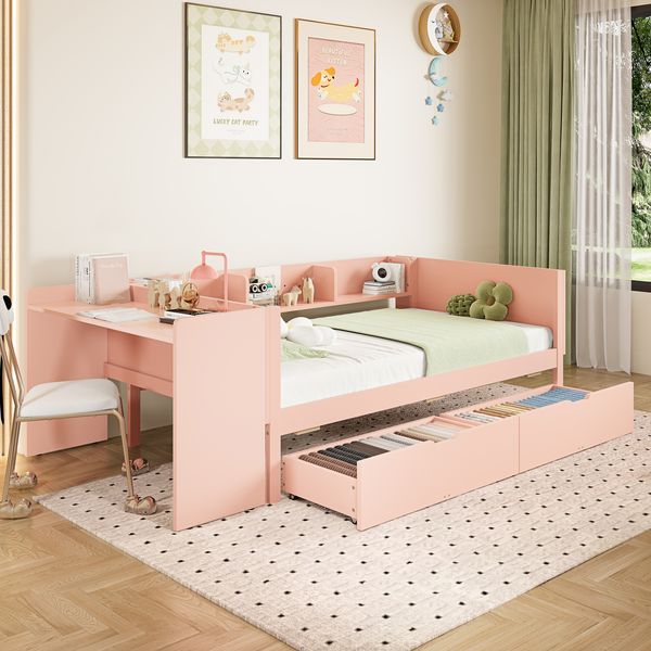 Einzelbett aus Kiefernholz mit Schreibtisch & 2 Schubladen, 90x200 cm, Rosa, ohne Matratze