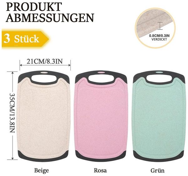 TUWENA Schneidebrett 3 Stück Schneidebrett Set, Rutschfeste Weizenstroh Schneidebretter, (3-St), 3 Farben Kunststoff Schneidebretter BPA Frei mit Saftrillen und Griffe