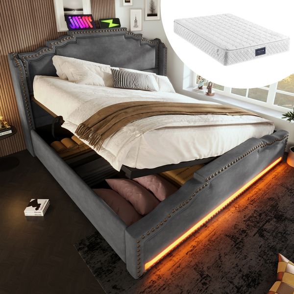 Polsterbett Samt mit Stauraum, LED & USB-Anschluss, 140x200 cm, Grau, mit Matratze
