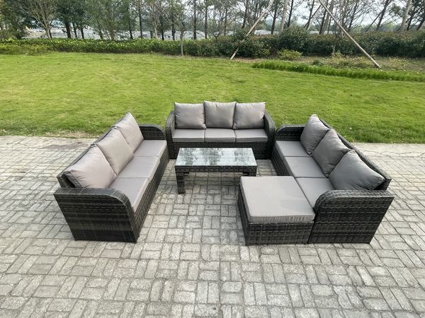 Fimous Garten Sofa im Freien Set 10-Sitzer Polyrattan Gartenmöbel Set mit Rechteckiger Couchtisch 2 Großer Hockern 3-Sitzer Sofa Dunkelgrau Gemischt