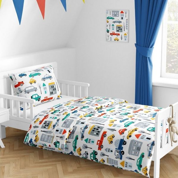 MTOnlinehandel Babybettwäsche Auto Fahrzeuge Baustelle Polizei 100x135 + 40x60 cm, 100 % Baumwolle, Renforcé, 2 teilig, Kleinkinderbettwäsche mit Reißverschluss
