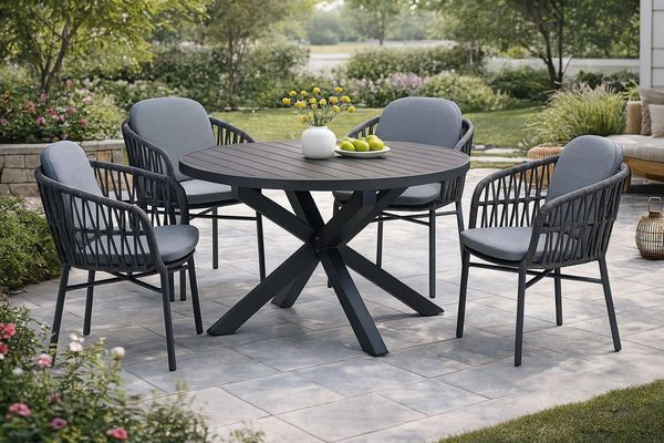 Destiny Garten-Essgruppe COMO ARONA Essgruppe 4 Se + Ausziehtisch Ø120/170 cm grau/anthr, (Set, 4 Stapelsessel inkl. Polster, 1 Tisch mit Synchronauszug), Aluminium, Rope