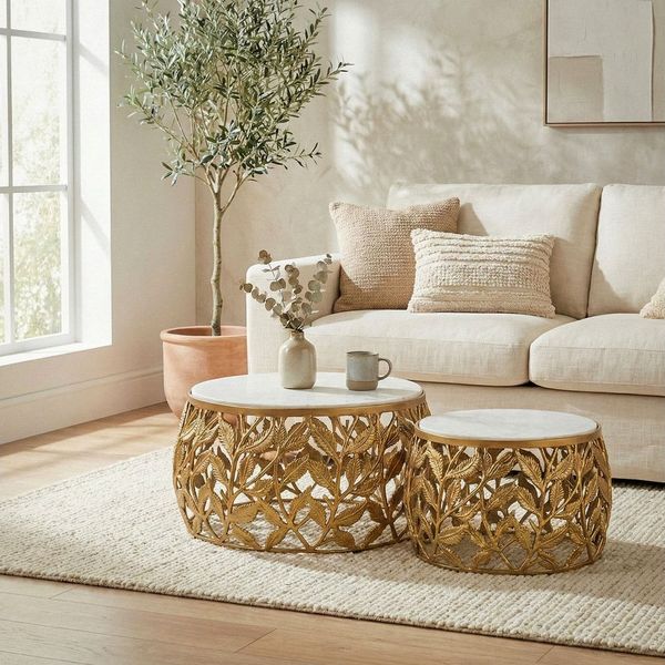 FINEBUY Satztisch FB73713 2er Set Couchtisch Gold Wohnzimmertisch Beistelltisch Marmor (Elegante Tischkombination für stilvolle Wohnräume), Zwei Größen für flexible Nutzung im Alltag