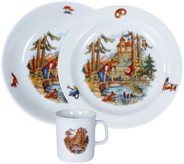L.E.R.D. 93 Kindergeschirr-Set Kindergedeck 3-tlg. Porzellan Wunderschönes buntes Märchenmotiv "Der Froschkönig", Porzellan, Kindergedeck 3-tlg. Porzellan Wunderschönes buntes Märchenmotiv "Der Froschkönig".