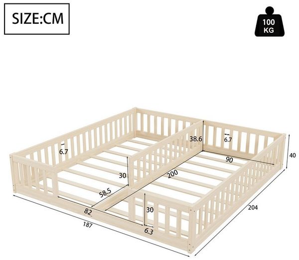 Flieks Massivholzbett, Kinderbett Einzelbett*2 90x200 cm*2 für zwei Kinder mit Lattenrost Bild 4