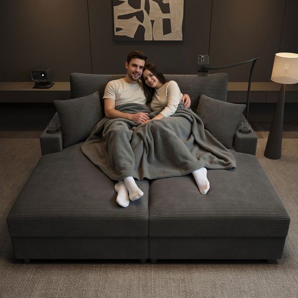 Merax Schlafsofa XXL-Doppelsofa mit Schlaffunktion und USB-Anschluss, Doppelschlafsofa für Wohnzimmer, Schlafzimmer und Heimkino 1 Teile, Relaxsofa Sofa mit 360° Handyhalterung, Getränkehaltern & Kissen