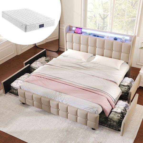 Polsterbett 160×200 cm aus Leinen-Stoff mit LED-Beleuchtung und USB, beige