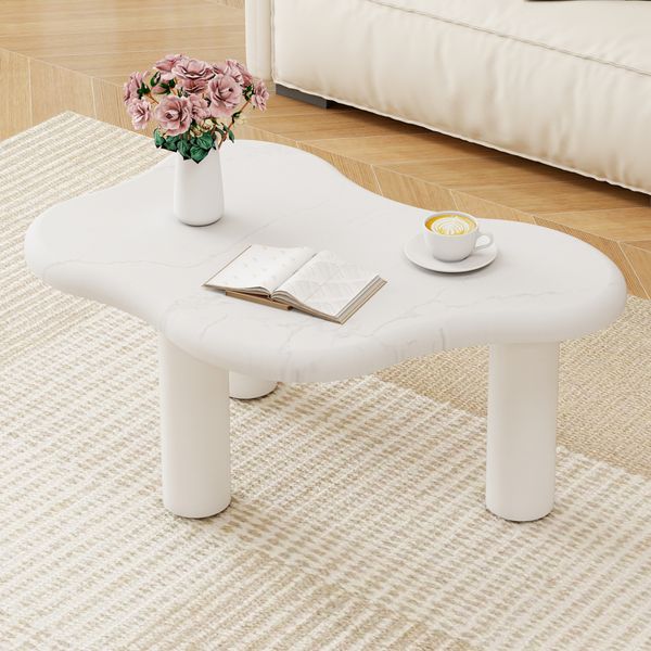 LVHOM Wolkenförmiger Couchtisch in Marmoroptik, Organischer Kaffeetisch mit Massivholzbeinen, Beistelltisch für Wohnzimmer, rundum abgerundet, Weiß