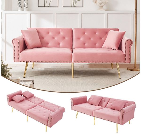 Merax Schlafsofa mit Bettfunktion, 1 Teile, 2-Sitzer-Sofa mit verstellbarer Rückenlehne & goldenen Metallfüßen