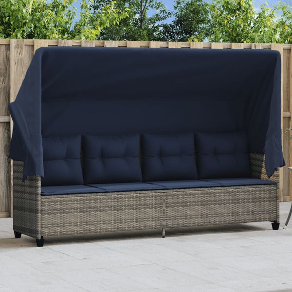 vidaXL Sonnenliege mit Dach und Kissen Grau Poly Rattan 368342