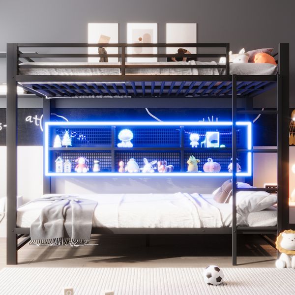 Merax Kinderbett 140x200cm Etagenbett Jugendbett mit Stauraumschränken und LED-Licht, Schwarz