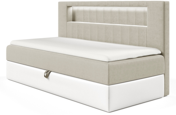 MEBLINI Kinderbett mit Bettkasten GARETH 2 90x200 - H3/Beige Samt Gepolstert Einzelbett mit Matratze - Polsterbett mit Stauraum - Bett mit Kopfteil – Stauraumbett