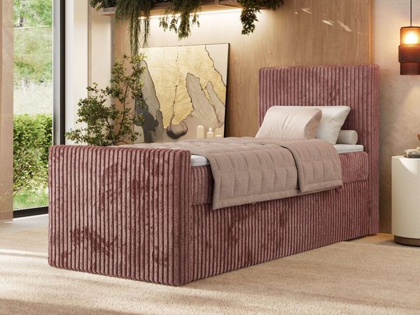 Bett mit Matratze, Boxspringbhett TILIANO DUO 90, Einzelbett 90 x 200 cm, Multipocket-Matratze 7-Zonen-Taschenfederkern - Rosa Cordstoff - H3 - Rechts - Topper T25