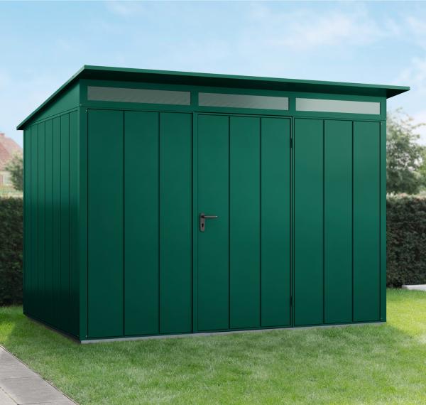 Hörmann Ecostar Metall-Gerätehaus Elegant mit Pultdach Typ 3, 238 x 303 cm , moosgrün, 7,2 m²,1-flüglige Tür