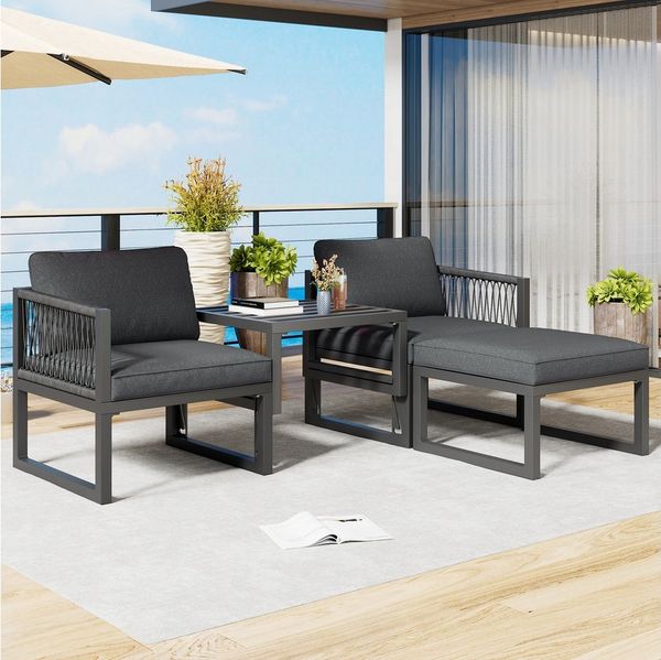 Merax Gartenlounge-Set Rope Seil Sitzgruppe, (Hocker höhenverstellbar), aus Polyrattan und Aluminiumrahmen, Gartenmöbel Set, Loungeset
