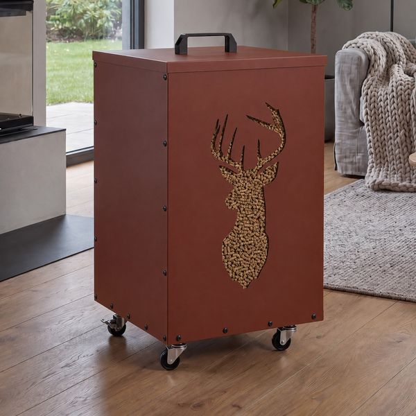 Pelletbehälter HWC-Q30 Hirsch, Pelletbox Aufbewahrungsbox für z.B. Tierfutter, Rollen Füße 65 x 36 x 36 cm ~ kupferfarben
