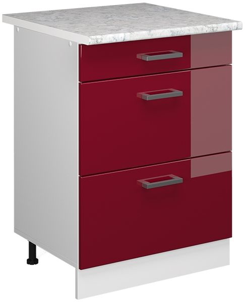 Küchenunterschrank R-Line Rot Hochglanz 60 cm mit Schubladen, AP Marmor Vicco
