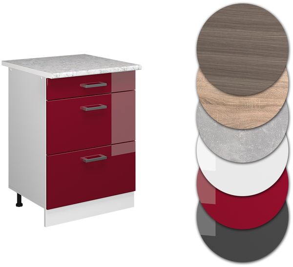 Küchenunterschrank R-Line Rot Hochglanz 60 cm mit Schubladen, AP Marmor Vicco Bild 5