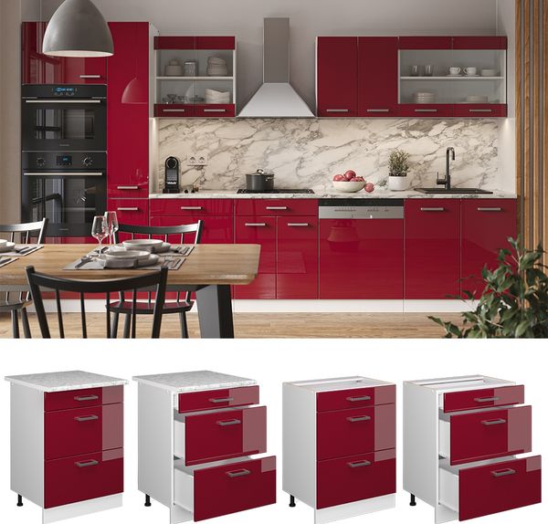Küchenunterschrank R-Line Rot Hochglanz 60 cm mit Schubladen, AP Marmor Vicco Bild 2