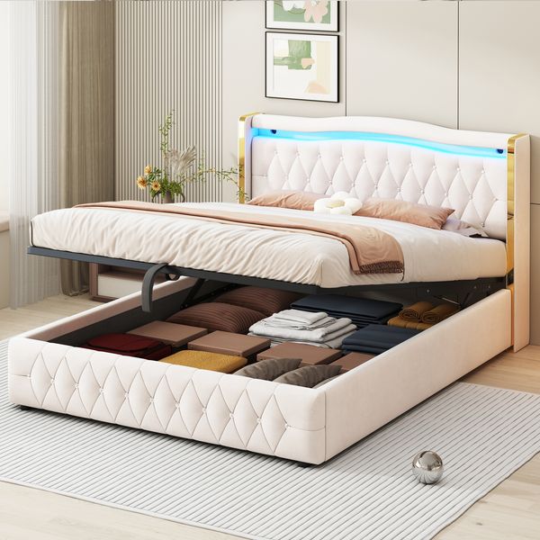 Polsterbett 160*200cm, Breite Beine mit hellen Streifen für stabilen Halt, Mit farbwechselnder LED-Beleuchtung, Mit Hydraulik zur Lagerung, Mit hellen Rautenakzenten, Doppelbett, Samtstoff, Beige