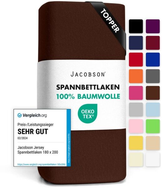 Jacobson Spannbettlaken TOPPER aus 100% Baumwolle, Jersey Bettlaken 160 g/m², Spannbetttuch mit Gummizug, pflegeleicht & viele Farben