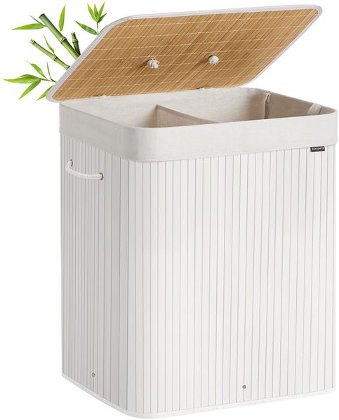 SONGMICS Wäschekorb 2 Fächer, 100 L Wäschesammler mit Deckel, Wäschebox Bambus, mit Griffen, faltbar, Wäschesack herausnehmbar maschinenwaschbar, Waschküche, braun, grau